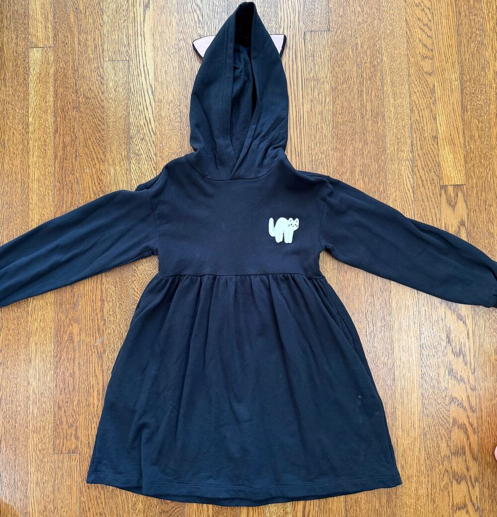 Hanna Andersson Black French Terry Cat Hooded Dress Size 6-7